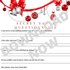 Secret Santa Questionnaire Red Bells Printable Digital Download image 1