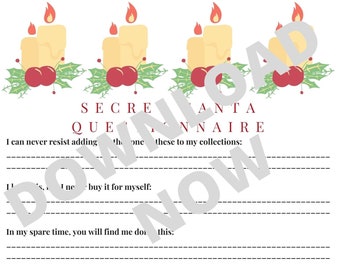 Secret Santa Questionnaire Candles Printable Digital Download