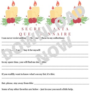 Secret Santa Questionnaire Candles Printable Digital Download
