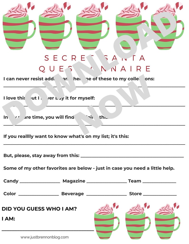 Secret Santa Questionnaire Pink Hot Chocolate Printable Digital Download image 1