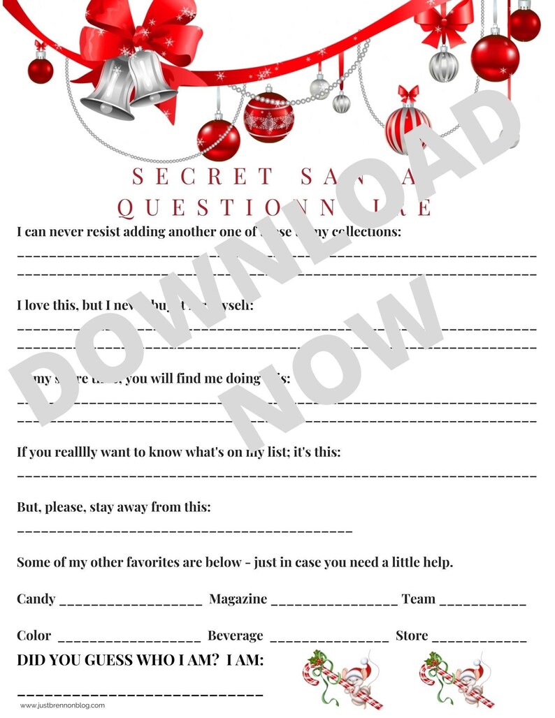 Secret Santa Questionnaire Red Bells Printable Digital Download image 1