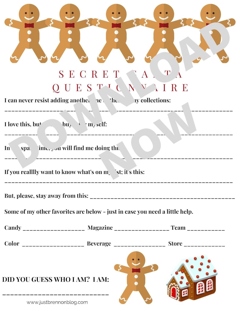 Secret Santa Questionnaire Gingerbread Men Printable Digital Download image 1