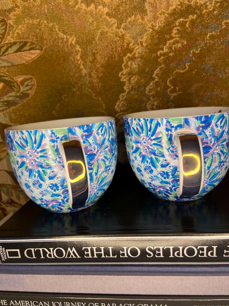 May include: Two ceramic mugs with a blue, green, and purple floral pattern. The mugs have a silver handle and a white interior. The mugs are sitting on top of a stack of books.