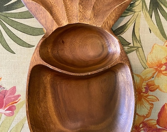 Plato para servir de piña de madera de teca Monkey Pod vintage