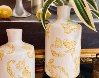 Pair of yellow/white ceramic vases 8”