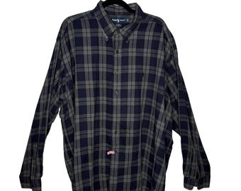 Ralph Lauren Blaire 100% Cotton Plaid Shirt Men's XXL Navy Gray Button Down 90s.