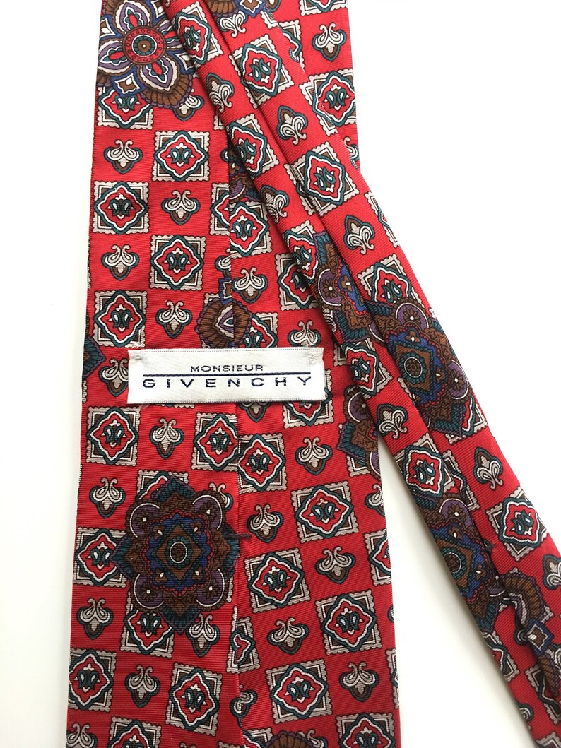 Vintage Red Monsieur Givenchy Tie, 100% Silk, Paisley, Gems, Geometric ...
