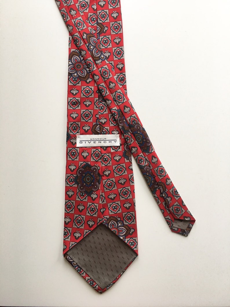 Vintage Red Monsieur Givenchy Tie, 100% Silk, Paisley, Gems, Geometric ...