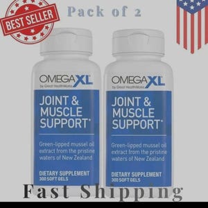 May include: Two white supplement bottles with blue labels, labeled "OMEGA XL JOINT & MUSCLE SUPPORT." The bottles contain 300 soft gels of green-lipped mussel oil extract. The image includes the text "BEST SELLER" and "Pack of 2."