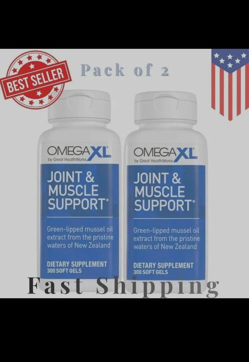 May include: Two white supplement bottles with blue labels, labeled "OMEGA XL JOINT & MUSCLE SUPPORT." The bottles contain 300 soft gels of green-lipped mussel oil extract. The image includes the text "BEST SELLER" and "Pack of 2."