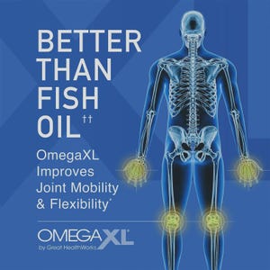 May include: A blue graphic promoting OmegaXL, with the text "BETTER THAN FISH OIL." An illustration of a human skeleton is overlaid on a blue figure. The text "OmegaXL Improves Joint Mobility & Flexibility" is also included.