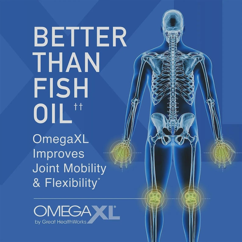 May include: A blue graphic promoting OmegaXL, with the text "BETTER THAN FISH OIL." An illustration of a human skeleton is overlaid on a blue figure. The text "OmegaXL Improves Joint Mobility & Flexibility" is also included.