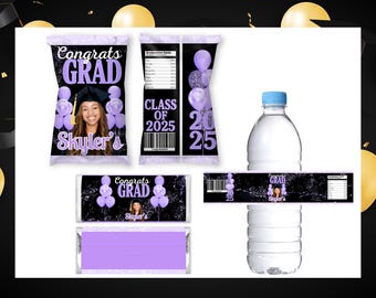 Custom Graduation Party Favors 2026, Black and Purple Printable Chip Bag Wrapper, Water Bottle Label, Candy Bar, Class of 2026 Photo Favors