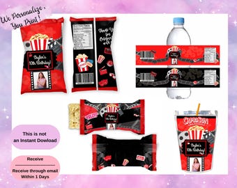 Movie Night Birthday Party Favor Bundle, Chip Bag, Water Bottle Label, Juice Pouch & Treat Wrapper,Movie Night Birthday Party Favors