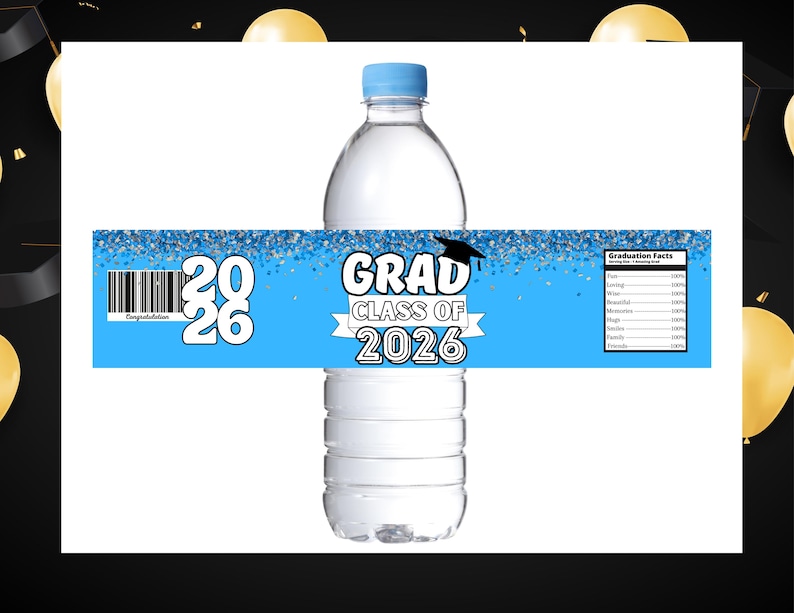 Graduation Water Bottle Label - Class of 2026 - Blue Graduation ...
