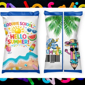 以下が含まれることがあります： 「Goodbye School, Hello Summer!」のテキストが入った白と青のスナックバッグ。太陽、サングラス、スイカ、アイスキャンディーのイラストが描かれています。バッグにはビーチのシーンと鉛筆のキャラクターも描かれています。