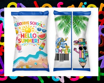 Goodbye School Hello Summer Chip Bag Wrapper, Last Day of School Treat Bag, Printable End of School Party Favor