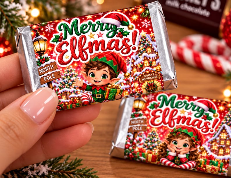Merry Elfmas Mini Chocolate Wrappers, Christmas Elf Candy Bar Labels ...