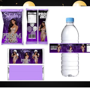 May include: Purple and silver party favors with a prom theme. The image includes a water bottle, candy bar, and chip bags, all featuring a photo of a woman in a formal dress and the text "Skyler's PROM 2026."