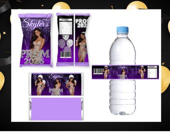 Purple and Silver Prom 2026 Party Favors, Custom Photo Chip Bag Template, Graduation Water Bottle Label, Candy Wrapper, Prom Send Off Decor