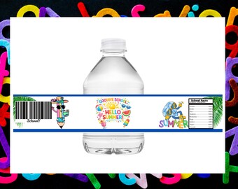 Étiquettes de bouteilles d'eau au revoir à l'école, bonjour l'été, cadeau du dernier jour d'école, emballage de boisson imprimable de fin d'année