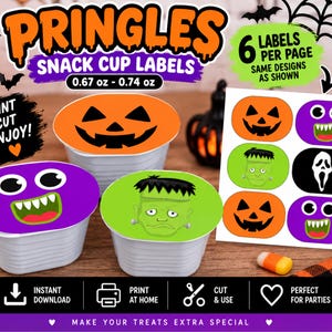 May include: A set of printable Halloween-themed snack cup labels for 0.67 oz to 0.74 oz containers. The labels feature colorful designs including jack-o'-lanterns, a green monster, and a ghost face, with six labels per page for DIY assembly.