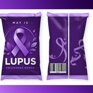 May include: A purple bag design with a Lupus Awareness Month theme. The front features a purple ribbon, leaves, and the words "LUPUS AWARENESS MONTH." The back shows a ribbon design with butterflies and a barcode.