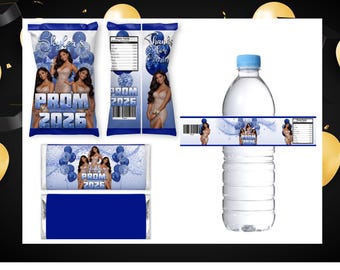 Royal Blue Silver Prom 2026 Favors, Custom Photo Chip Bag Template, Graduation Water Bottle Label, Candy Wrapper, Prom Send Off Decor