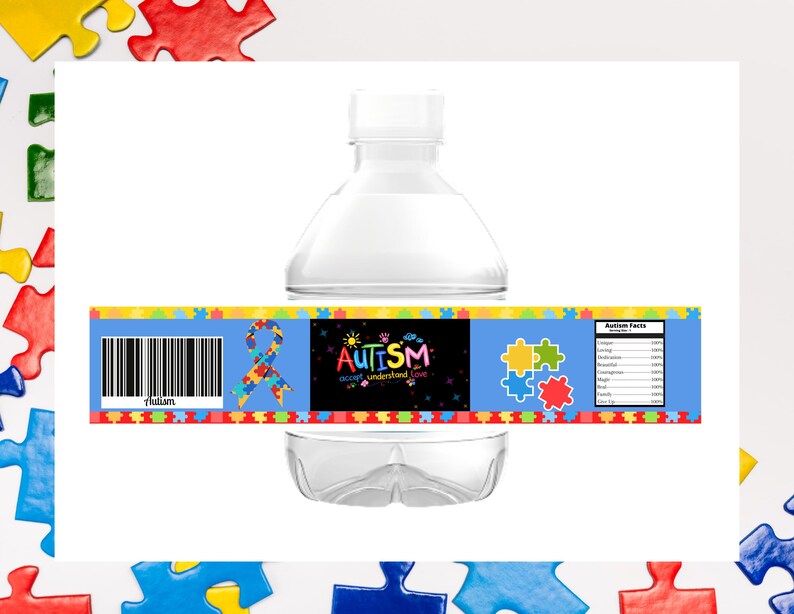 Autism Acceptance Water Bottle Label Printable, Puzzle Border Bottle ...