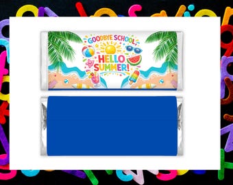 Emballage de barre chocolatée au revoir, bonjour l'été, cadeau du dernier jour d'école, emballage de friandises imprimable de fin d'année