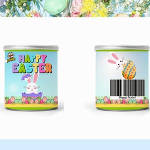 May include: A cylindrical container with a silver lid and a colorful Easter design. The front features the text "HAPPY EASTER" and a cartoon bunny. The back shows a bunny with an Easter egg and a barcode.