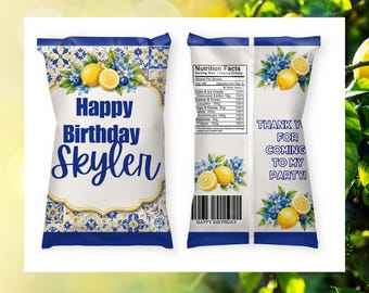 Mediterranean Lemon Chip Bag, Personalized Lemon Birthday Party Favor, Blue Tile Baby Shower Bridal Shower Treat Bag