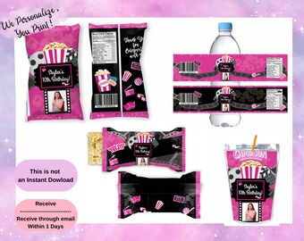 Movie Night Birthday Party Favor Bundle, Chip Bag, Water Bottle Label, Juice Pouch & Treat Wrapper,Movie Night Birthday Party Favors