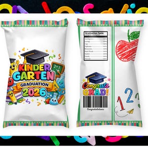 May include: Two white snack bags with a colorful kindergarten graduation theme. One bag features the text "Kindergarten Graduation 2026" with illustrations of school supplies. The other bag has "Congrats Grad!" and a red apple.