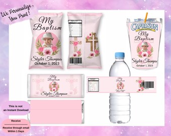 Baptism Party Favor Bundle, Personalized Chip Bag, Water Bottle Label, Juice Pouch Label & Treat Wrapper, Girl Baptism Pink