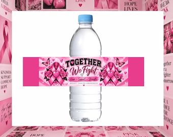 Etiketter för vattenflaskor med bröstcancermedvetenhet, Rosa bandet-flaskomslag, Tillsammans kämpar vi, Rosa utskrivbar festgåva för oktober