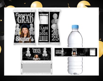 Graduation Bundle Treat , Chip Bag Wrapper & Water Bottle Label Template | Congrats Grad Black Silver Glitter | Class of 2026 Personalized