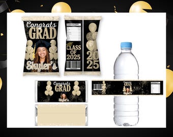 Custom Graduation Party Favors 2026, Black and Gold Printable Chip Bag Wrapper, Water Bottle Label, Candy Bar, Class of 2026 Photo Favors