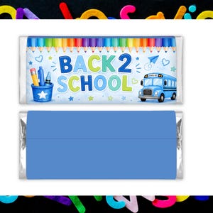 Blue Back to School Chocolate Bar Wrapper Printable, 1.55 oz Candy Bar Label, School Bus Party Favor, Instant Download