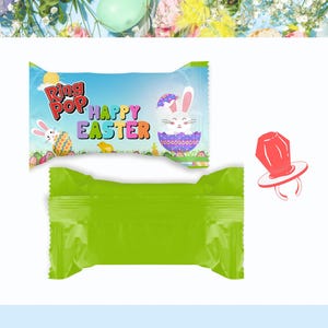 May include: Two Ring Pop candy packages with Easter-themed graphics. One package is green and empty. The other package has a blue background with a bunny, an Easter egg, and the words "Ring Pop Happy Easter". A red candy ring is also shown.