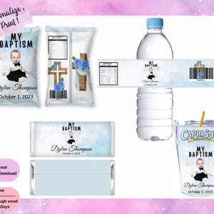 May include: A collection of personalized baptism party favors. The set includes a water bottle, candy bar wrappers, chip bags, and Capri Sun juice boxes, all featuring a baby's photo and the text "My Baptism" with the name "Dylan Thompson" and the date "October 1, 2023".