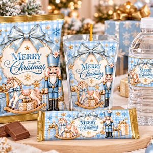 May include: A snack bag, a drink pouch with a straw, a candy bar wrapper, and a water bottle, all featuring a light blue gingham pattern, a nutcracker, a rocking horse, and the text Merry Christmas in blue script with gold accents.