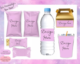 Custom Party Favor Bundle, Personalized Chip Bag, Drink Pouch , Water Bottle Label, Birthday Party Decorations Any Theme , Cartoon Inspired