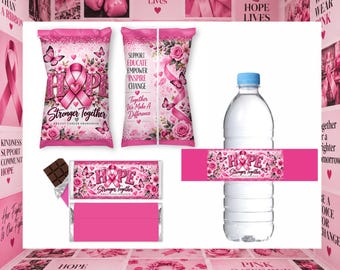 Feestartikelen voor borstkankerbewustzijn: roze chipszakjes, etiket voor waterflesjes en chocoladewikkels, printbare traktaties met hoopmotief.