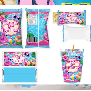 May include: A set of custom party supplies featuring a pool theme with pink flamingos, beach balls, and sunglasses. The items include chip bags, a rice cereal treat wrapper, a candy bar wrapper, and a drink pouch, all labeled Skyler's 5th Birthday.
