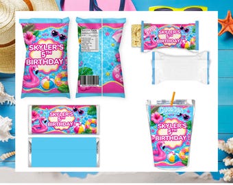 Summer Pool Party Birthday Favor Bundle, Tropical Birthday Party Labels, Flamingo Pool Party Wrappers, Summer Birthday Decorations