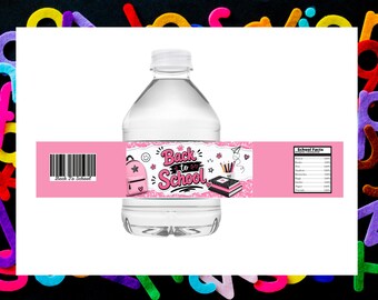 Back to School Water Bottle Labels Printable, Pink School Water Labels, Girls School Party Favor, Instant Download PDF
