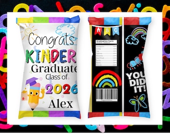 Kindergarten Graduation Chip Bag Wrapper | Class of 2026 Favor Template | Colorful School Doodles | Personalized Name | Kid Graduation