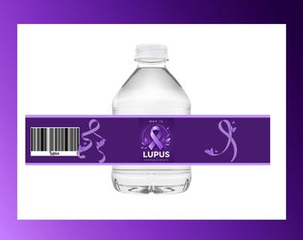Lupus Awareness Water Bottle Labels, Purple Ribbon Drink Wrap, May Awareness Month Party Favor Printable