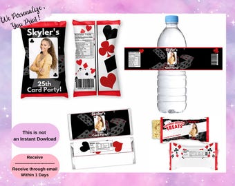 Casino Card Party Birthday Favor Bundle, Poker Casino Birthday, Chip Bag, Water Bottle Label, Juice Pouch & Treat Wrapper